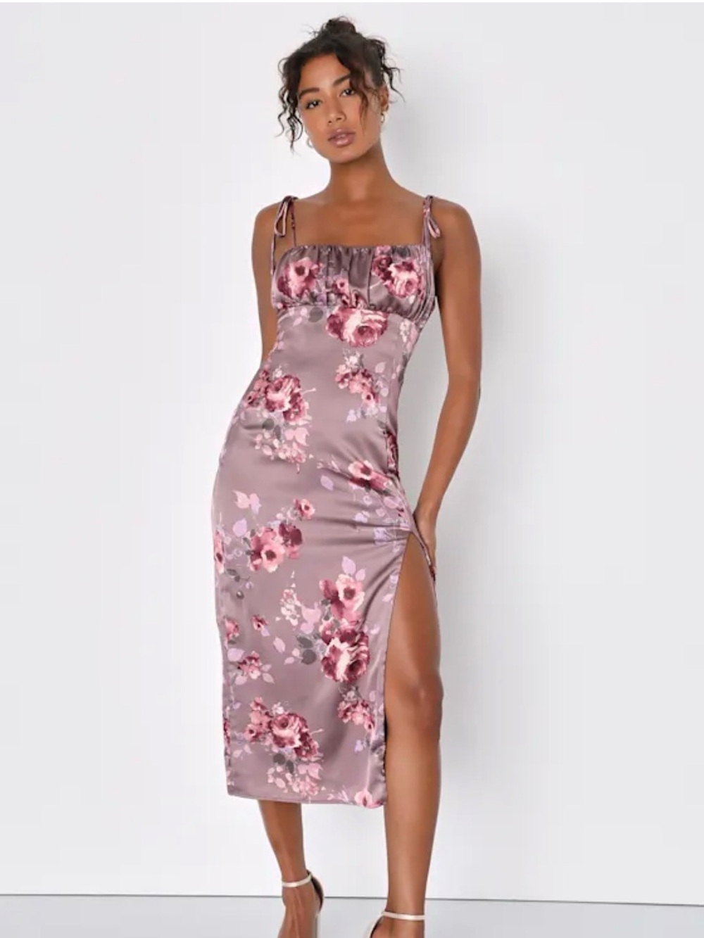 Lulu's Mauve-Pink Floral Tie-Shoulder Midi Dress